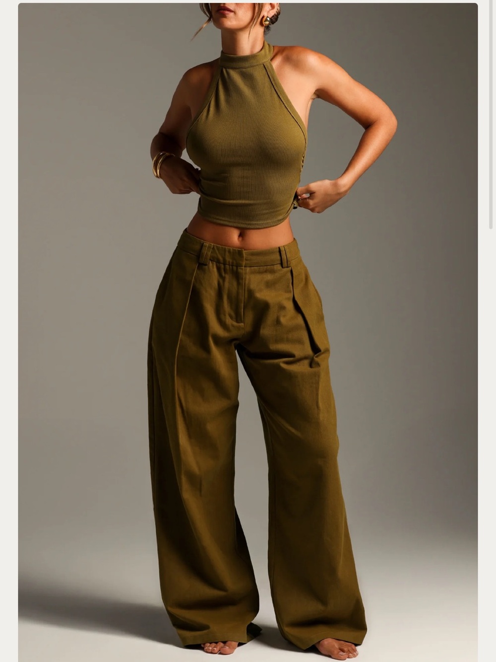 Wide Leg High-Waist Pants in Olive Green